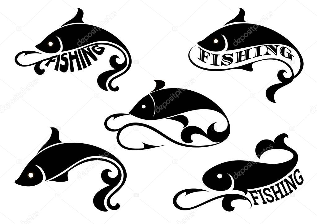 Set of black fishing logo design templates for fishing market. Vector illustration.
