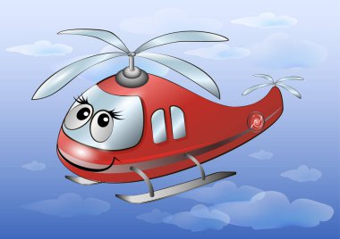 Gökyüzünde ağızlık olan kırmızı çizgi film helikopteri. Vektör illüstrasyonu.