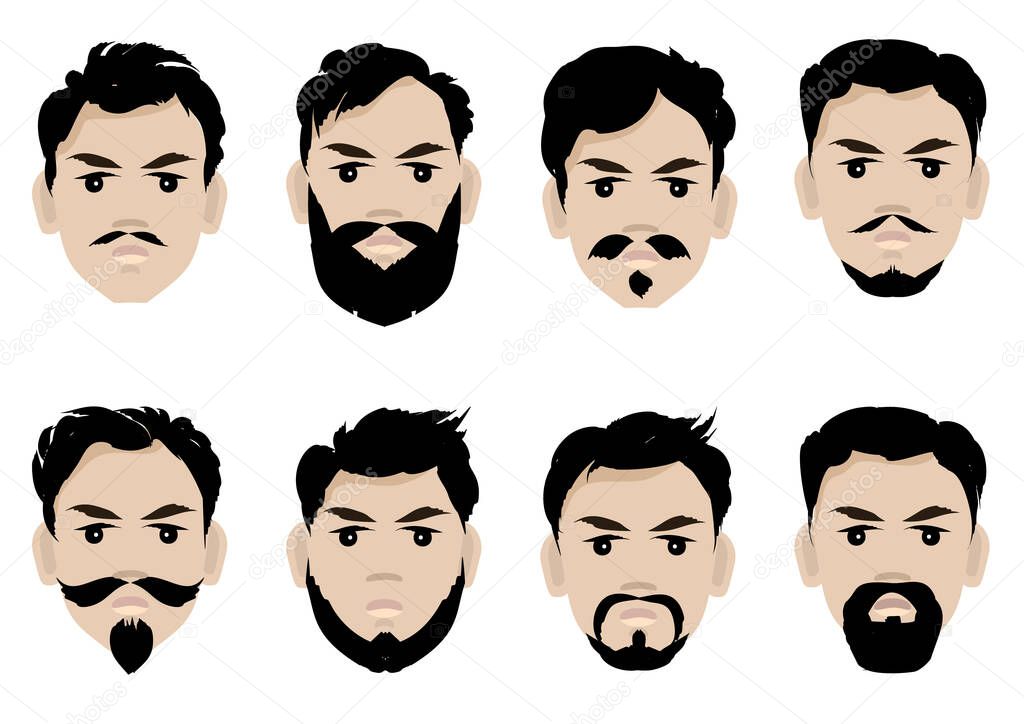 Set of men s faces with glasses, beard and hairstyles. Vector illustration