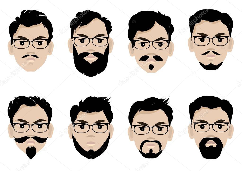Set of men s faces with glasses, beard and hairstyles. Vector illustration.