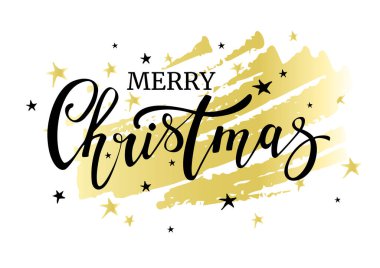 Altın dekoratif arka planda yıldızlı mutlu noel mektupları. Vektör illüstrasyonu.