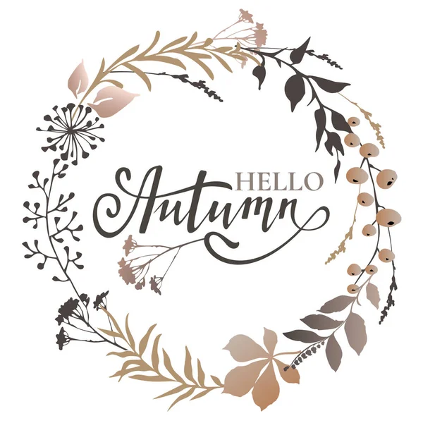 Yapraklı çelenk, böğürtlen ve yazıtlı merhaba güz. Vektör illüstrasyonu.