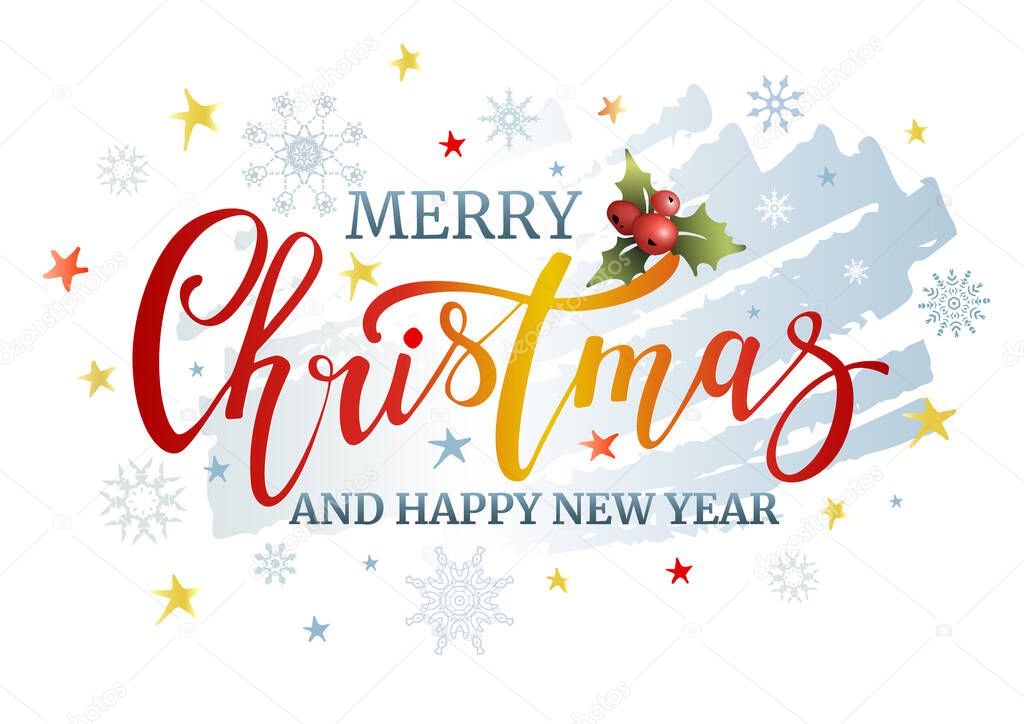 Merry Christmas lettering inscription on blue background with snowflakes. Vector illustration.