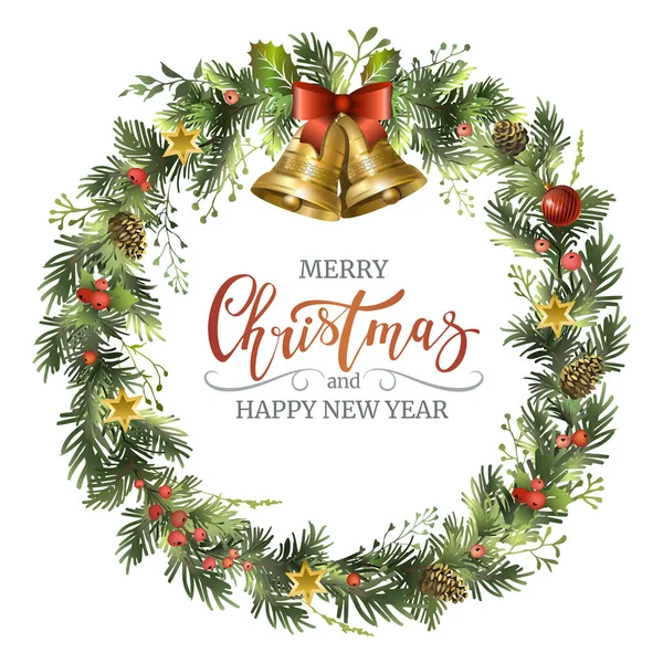 圣诞花环，上面有金色的铃铛、冷杉枝条、冬青浆果和刻有字母的题词. — 图库矢量图片