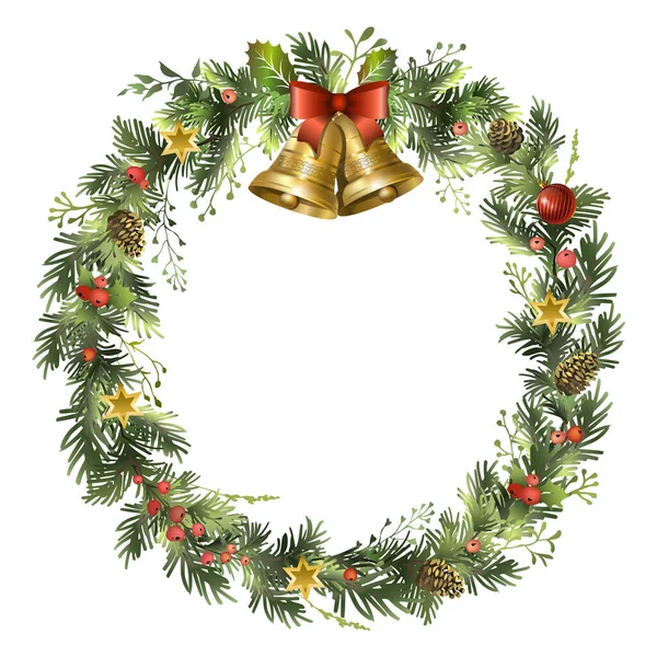 Christmas wreath with golden bells, mistletoe leaves, fir branches and holly berries. — Stock Vector