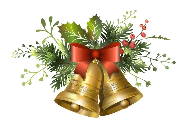 Altın çanlar ve kırmızı böğürtlenlerle Noel çelengi.