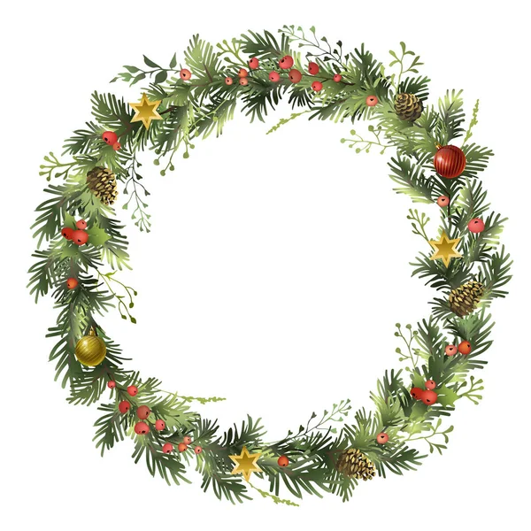 Christmas wreath with fir branches and holly berries. — Stock Vector