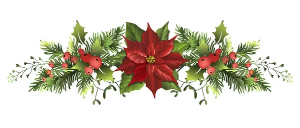 Festlig julgran med julstjärna blomma och röda bär. — Stock vektor