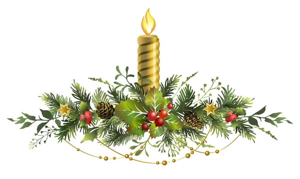 Guirlande de sapin de Noël festive aux baies rouges et aux bougies. — Image vectorielle