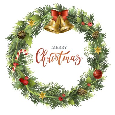 Noel çanları, köknar dalları, kutsal böğürtlenler ve yazıtlı çelenkler. Vektör illüstrasyonu.