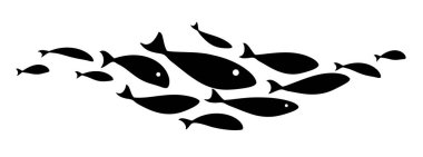Siyah siluet balık sürüsü. Tasarımın için bir element. Logo şablonu.