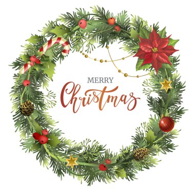 Noktalı Noel çelengi, ökse otu yaprakları, köknar dalları, kutsal meyveler ve yazıtlar..