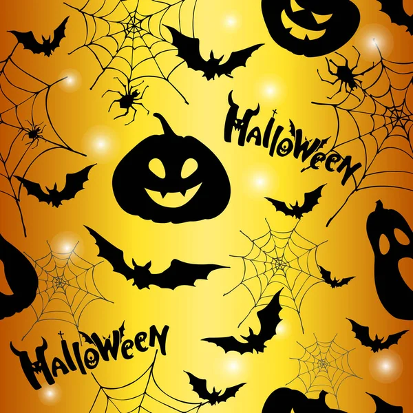 Modello senza cuciture di Halloween con zucca, ragnatela, pipistrelli e iscrizione lettering. — Vettoriale Stock