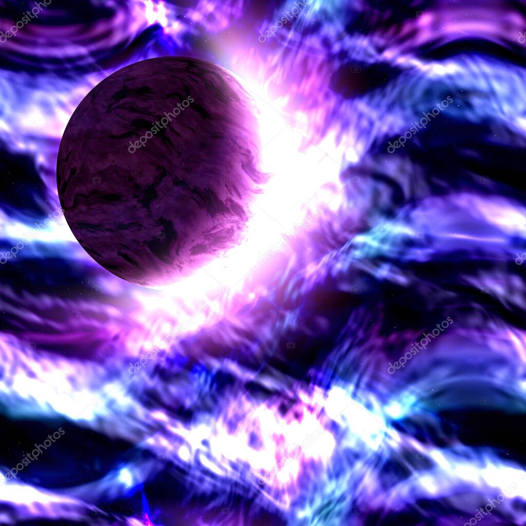 Galaxy exoplanet explorer - World Beyond Our Solar System, distant planet system burning in violet interstellar plasma after close supernova explosion, destroyed remote habitable planet, high resolution