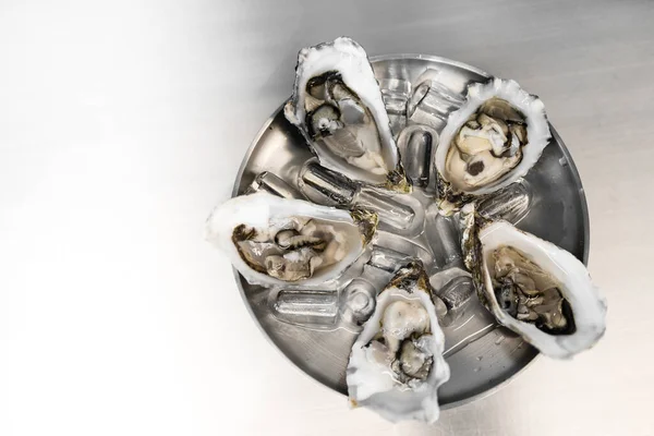 Fresh oysters in a plate of ice and lemon. Seafood