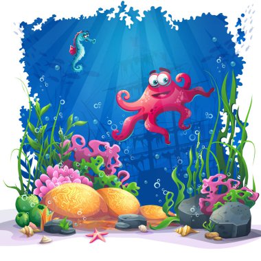 Güzel ahtapot ve renkli mercan resifleri ve kum yosun. Deniz manzara vektör çizim.