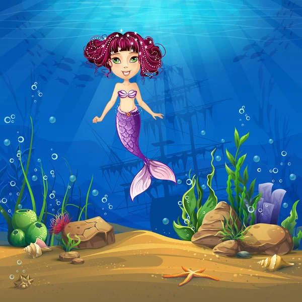 Undersea World Brunette Mermaid Marine Life Landscape Ocean Underwater World — Stock Vector
