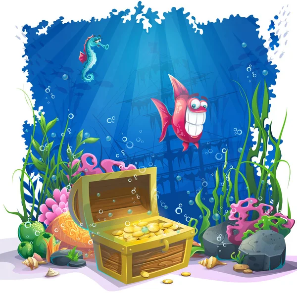 Pięknych Raf Koralowych Kolorowy Ryby Złota Skrzynia Piasku Ilustracja Wektorowa — Wektor stockowy