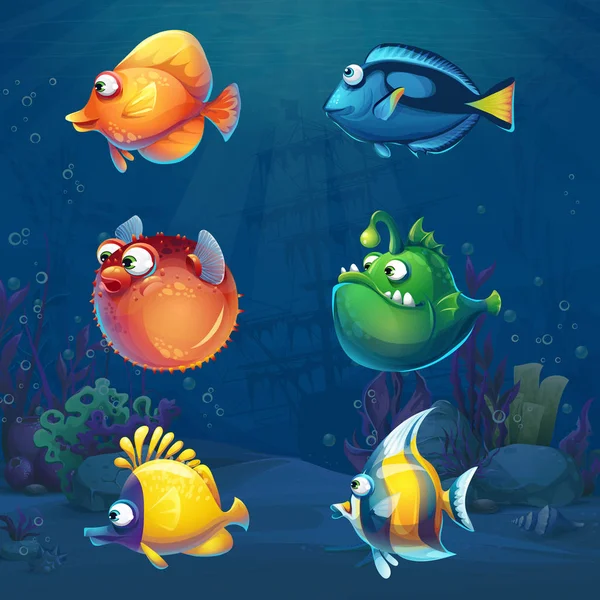 一套卡通有趣的鱼在水下世界的背景 海洋生活风景与不同的居民 对于设计网站和移动电话 — 图库矢量图片