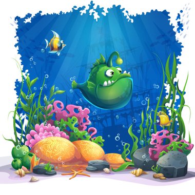 Güzel karikatür komik yeşil balık, mercan ve renkli resifleri ve kum yosun. Deniz manzara vektör çizim.