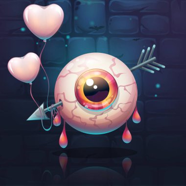 Pierced eye with heart on the brick wall background. For web, video games, user interface, design