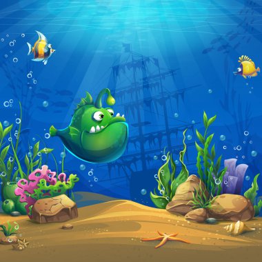 Güzel karikatür komik yeşil balık, mercan ve renkli resifleri ve kum yosun. Deniz manzara vektör çizim.