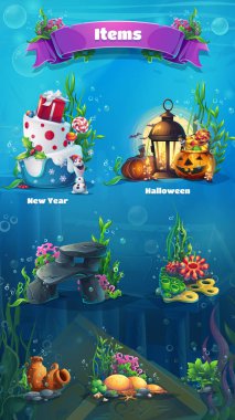 Underwater item set - snowman, cake, gifts, lamp, lantern, rock, stones, algae, amphora, bubbles. Bright image to create original video or web games graphic design screen savers clipart