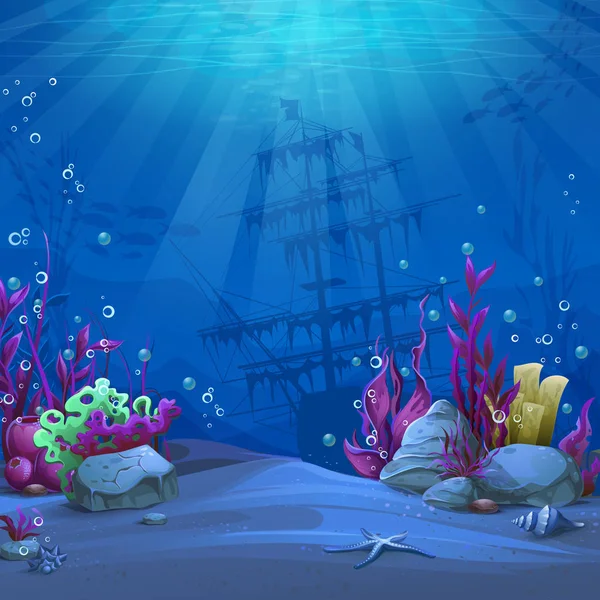 Mondo Sottomarino Tema Blu Marine Life Landscape Oceano Mondo Sottomarino — Vettoriale Stock