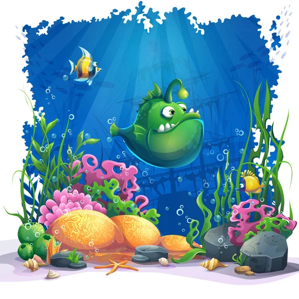 美しい漫画面白い緑の魚 サンゴやカラフルなサンゴ礁 砂の藻類 海風景のベクトル イラスト — ストックベクタ