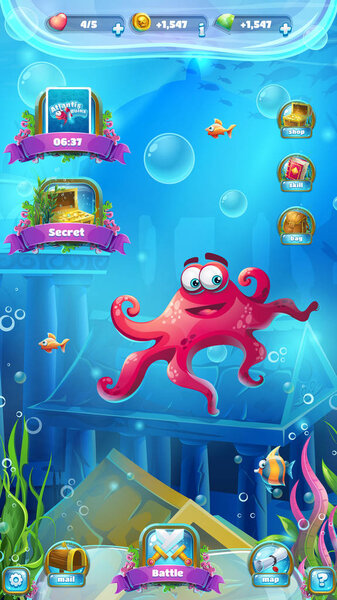 Atlantis ruins - vector illustration mobile format playing field to the computer game. Bright background image to create original video or web games, graphic design, screen savers.