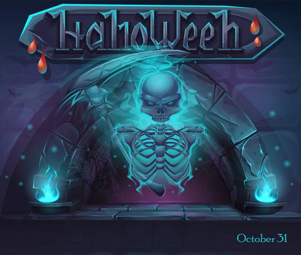 Fenêtre Halloween Avec Portail Magique Squelette Pour Web Les Jeux — Image vectorielle