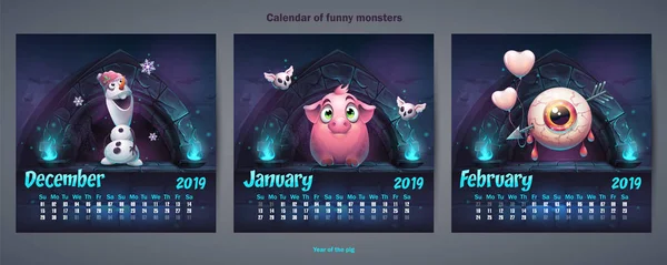 Conjunto Meses Invierno Calendario 2019 Para Web Videojuegos Interfaz Usuario — Vector de stock