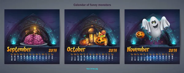 Herbstmonatskalender 2019 Für Web Videospiele Benutzeroberfläche Design Druck — Stockvektor