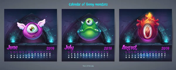 Set Zomer Maandkalender 2019 Voor Het Web Video Games Gebruikersinterface — Stockvector