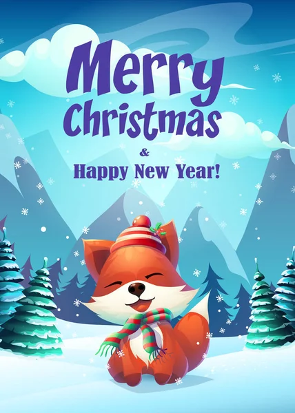 Vector Illustratie Grappige Fox Wenskaart Merry Christmas Ontwerpen Voor Het — Stockvector