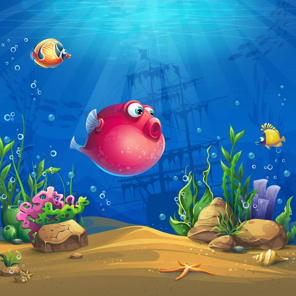 Подводный мир со смешным векторным изображением красной рыбы — стоковый вектор