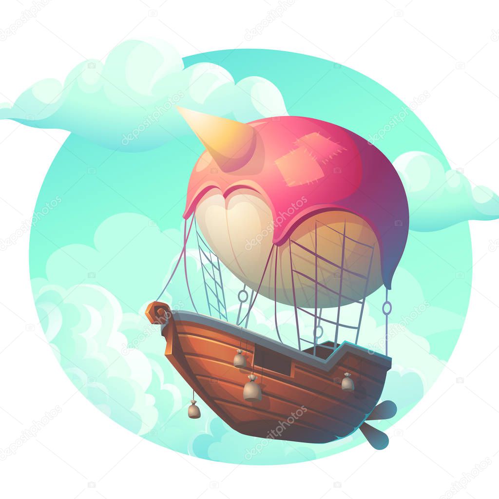 Vector illustration air ship in the clouds