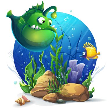 Komik yeşil balık ile sualtı dünya