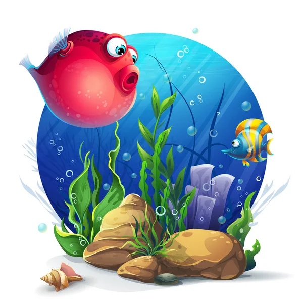 Υποθαλάσσιος κόσμος με αστεία κόκκινα ψάρια — Διανυσματικό Αρχείο
