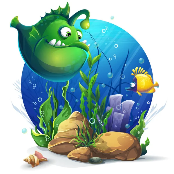 Undersea world with funny green fish — Stock Vector