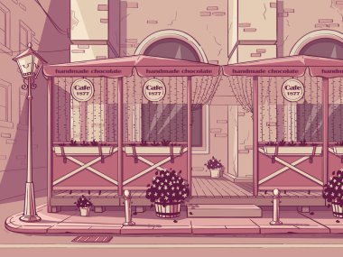 Vektör geçmişi Çikolata Dükkanı. Pembe renkli el yapımı çikolata kafe resmi. Web, video, arayüz, tasarım, dağıtım, haber sayfası.