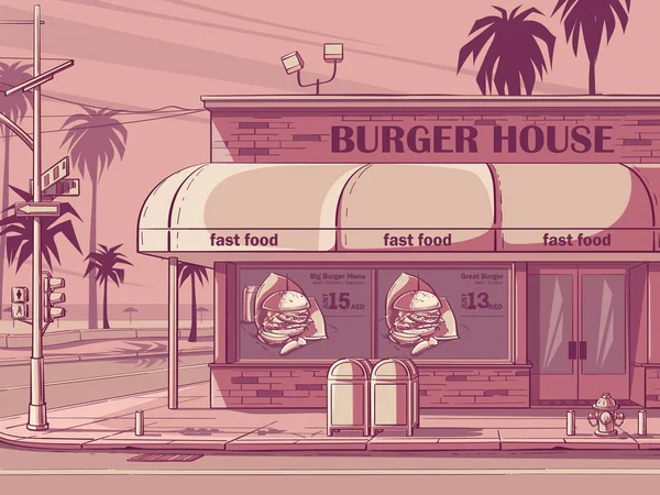Vektor Rosa Färgad Bakgrund Burger House Miami Usa Bild Snabbmatskafé — Stock vektor