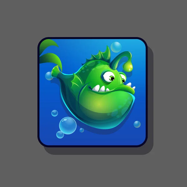 Immagine Vettoriale Verde Cartone Animato Divertente Pesce Uno Sfondo Blu — Vettoriale Stock