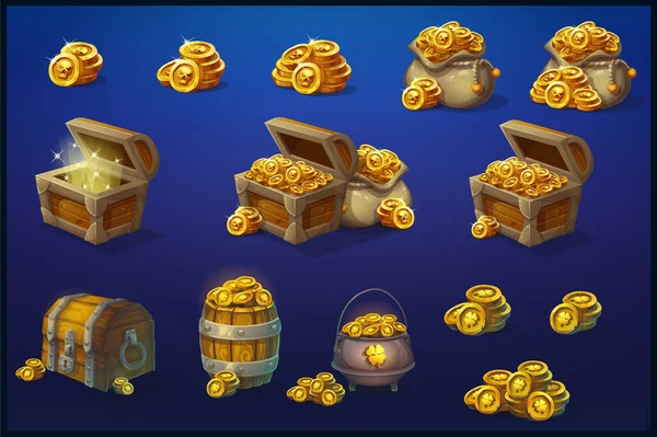 Set Wooden Chests Cauldron Barrel Bag Shiny Gold Coins Blue — Stock Vector