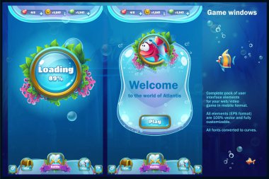 World of Atlantis - vektör illüstrasyonu bilgisayar oyununa ekran yüklüyor. Orijinal video veya web oyunları, grafik tasarımı, ekran koruyucuları oluşturmak için parlak arkaplan resmi. Tasarım, web siteleri, yazdırma, video, arayüz, haber broşürü.