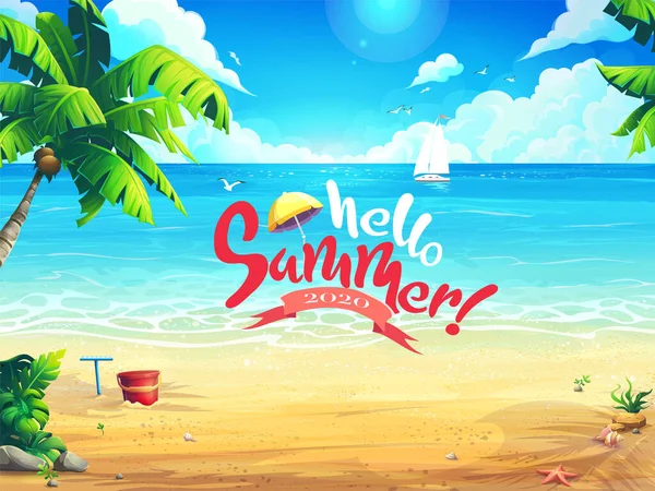 Hallo Sommer Vektor Hintergrund Illustration Strand Und Palmen Auf Dem — Stockvektor