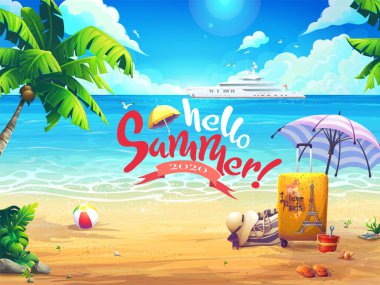 Hello summer vector background illustration beach and palm trees on the background of the sea and cruise liner. For print on demand, commercials, magazines and newspapers, book covers, flyers clipart