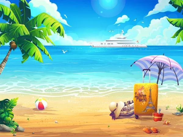 Zomer Vector Achtergrond Illustratie Strand Palmbomen Achtergrond Van Zee Cruise — Stockvector