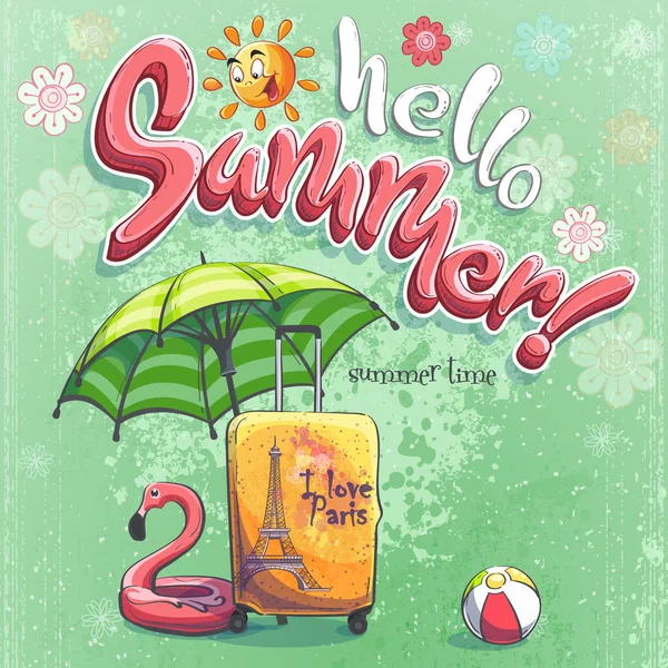 Hello Summer Vector Background Illustration Travel Suitcase Beach Umbrella Print — Stock Vector