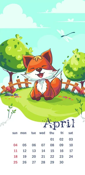 2021 Ημερολόγιο Απρίλιος Αστεία Αλεπού Καρτούν Στο Γκαζόν Της Άνοιξης — Διανυσματικό Αρχείο